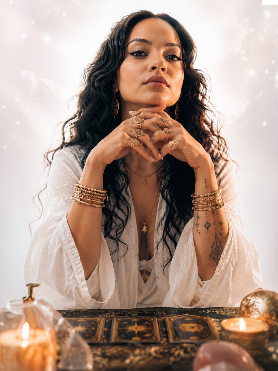Candela en su mesa de lectura con velas, cuarzos y cartas